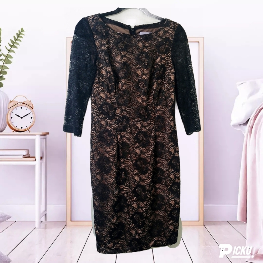 JS Collections nude and black lace dress